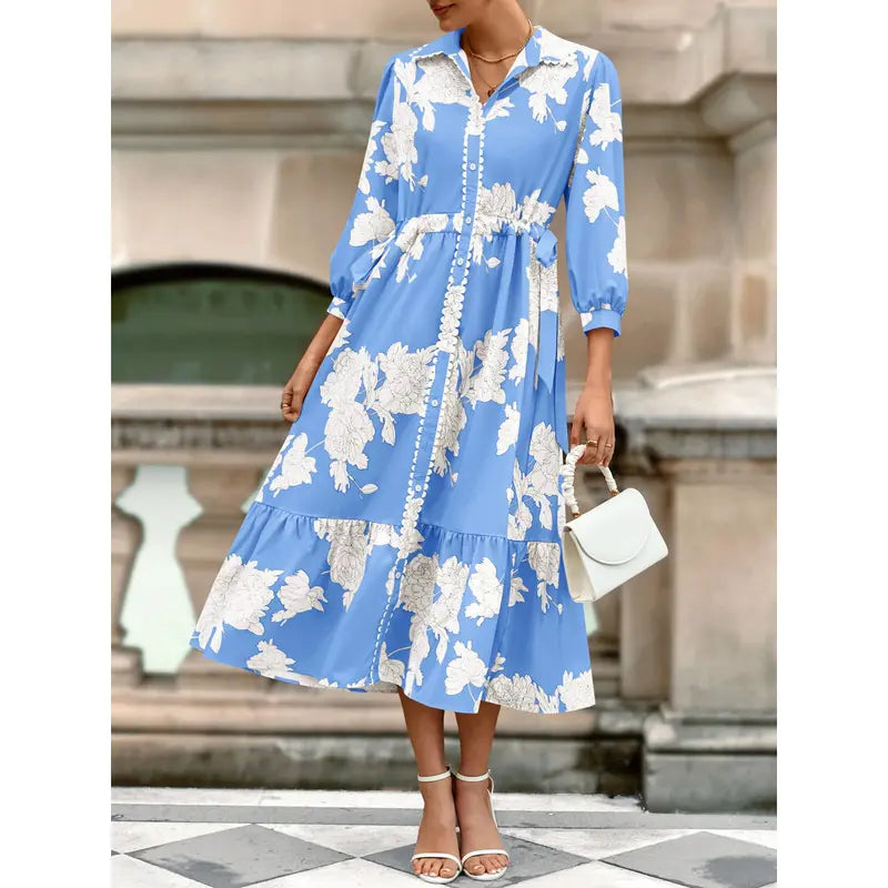 Women’s Maxi Shirt Dress Casual Floral Collared 3/4 Long Sleeve Drawstring Waist Fall Button Down Dresses