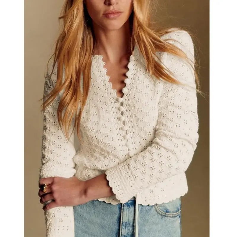 Women's Hollow Out Crochet Cardigan, V Neck Tie Front Long Sleeve Knit Crop Top