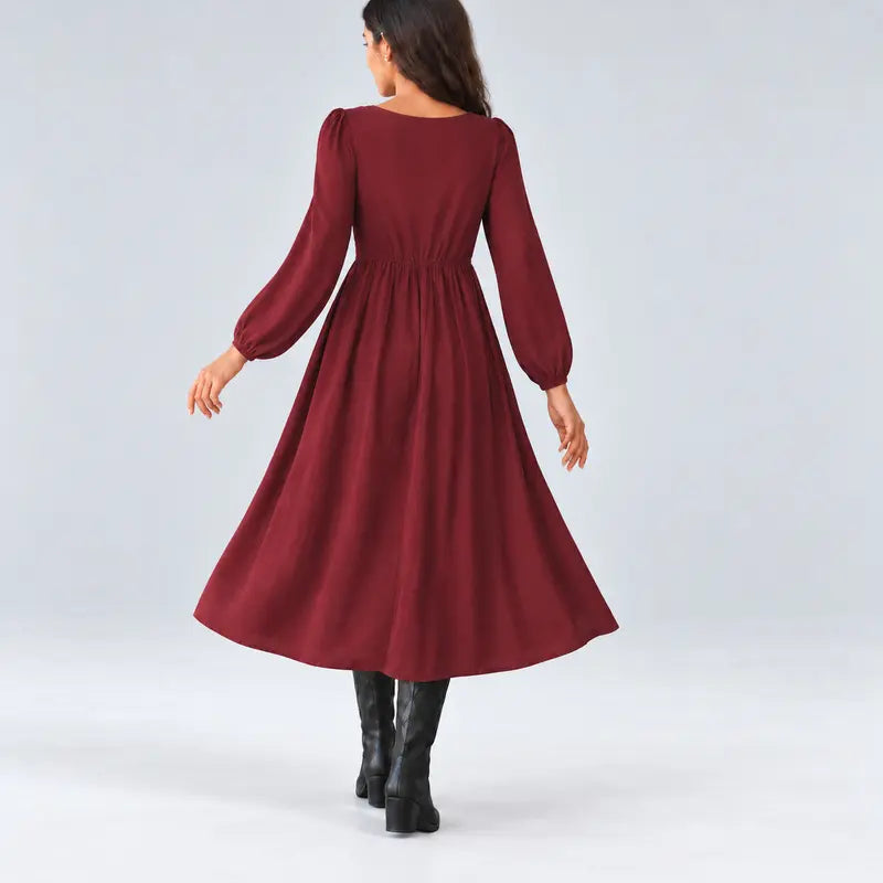 Women's Bohemian Style Lace V-Neck Drawstring Waist Puff Sleeve Long Sleeve Flowy A-Line Dress