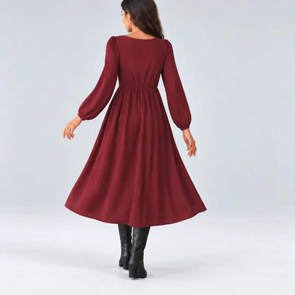 Women's Bohemian Style Lace V-Neck Drawstring Waist Puff Sleeve Long Sleeve Flowy A-Line Dress