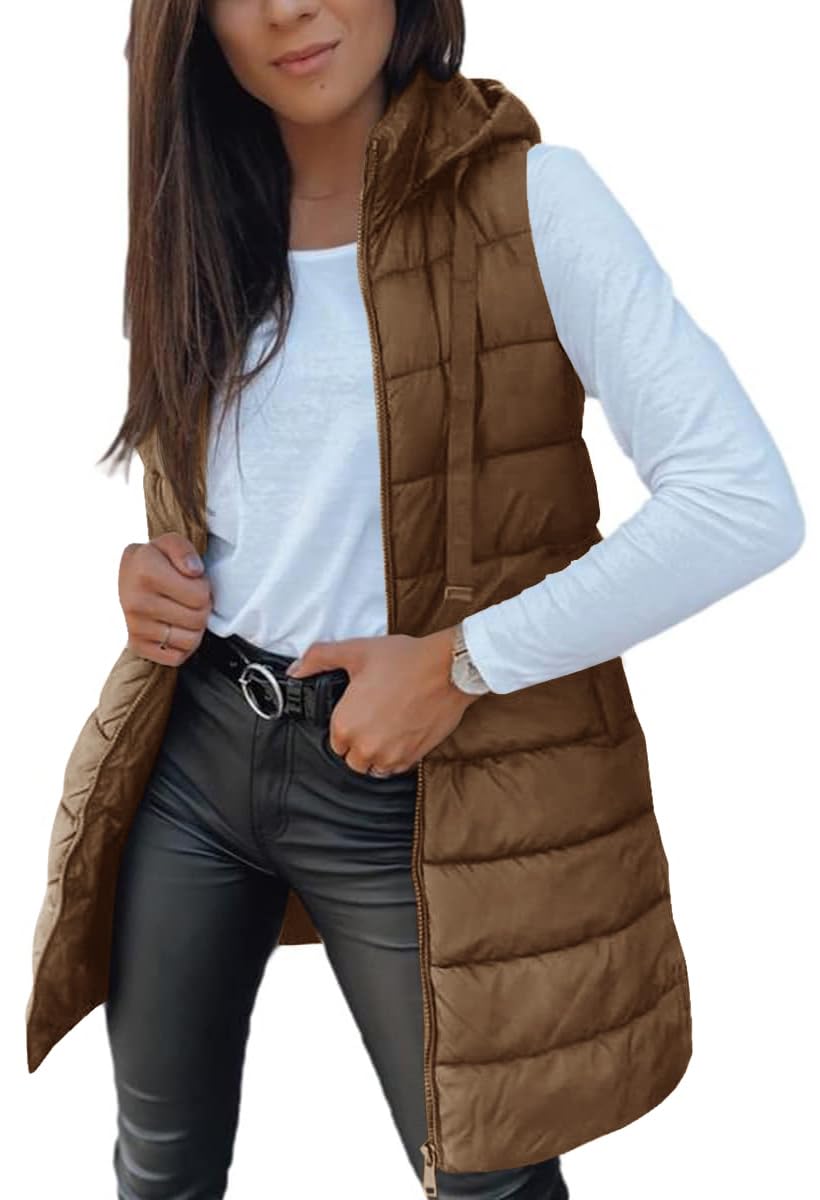 Women Solid Long Hooded Puffer Vest Side Slit Outerwear With Pockets