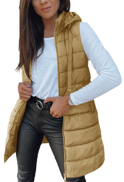 Women Solid Long Hooded Puffer Vest Side Slit Outerwear With Pockets