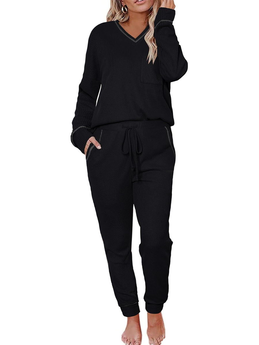 Women's V Neck Waffle Knit Two Piece Lounge Sets (Buy 2 Free Shipping)