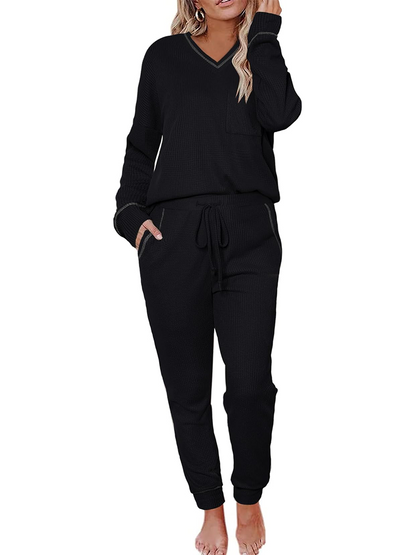 Women's V Neck Waffle Knit Two Piece Lounge Sets (Buy 2 Free Shipping)