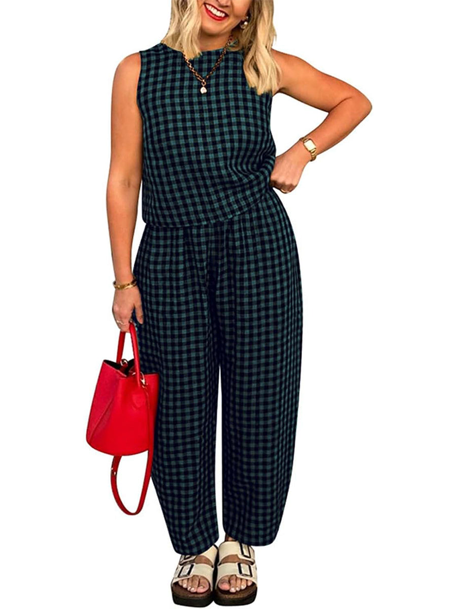 HOT SALE Women's Gingham Sleeveless Tank Top & Barrel Pants Set