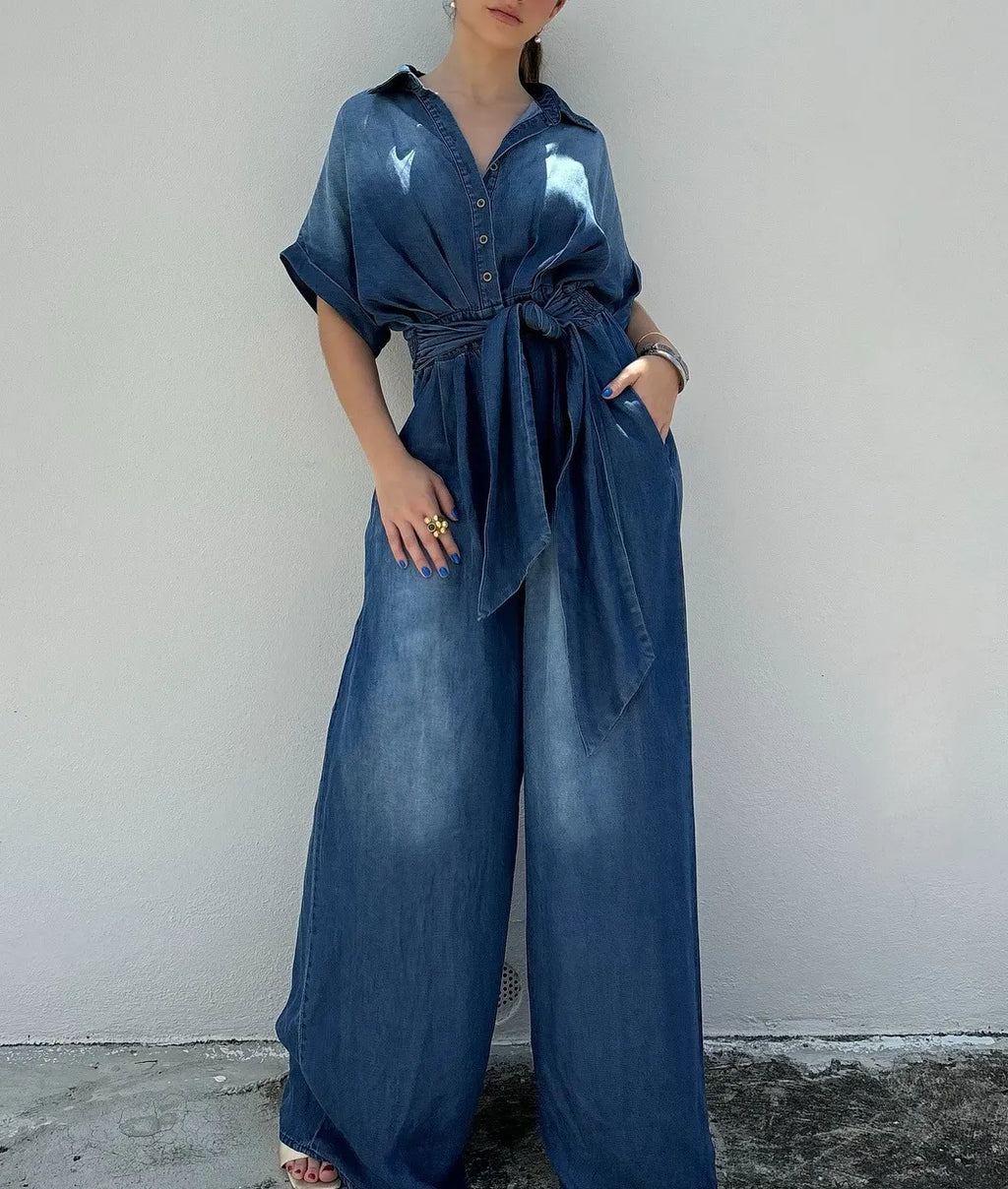 Casual Bat Sleeve Tie-Waist Tencel Denim Wide-Leg Jumpsuit