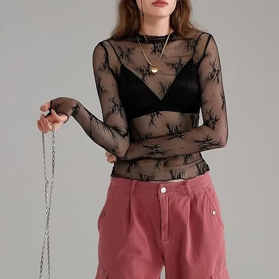 Women Long Sleeve Tops Sheer Lace Basic Shirt Casual Pullover for Fall Club Streetwear Aesthetic Clothes(Buy 3 Free Shipping)