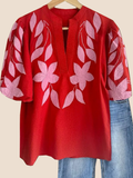 Women's V Neck Puff Sleeve Floral Embroidery  T-Shirt (Buy 2 Free Shipping)