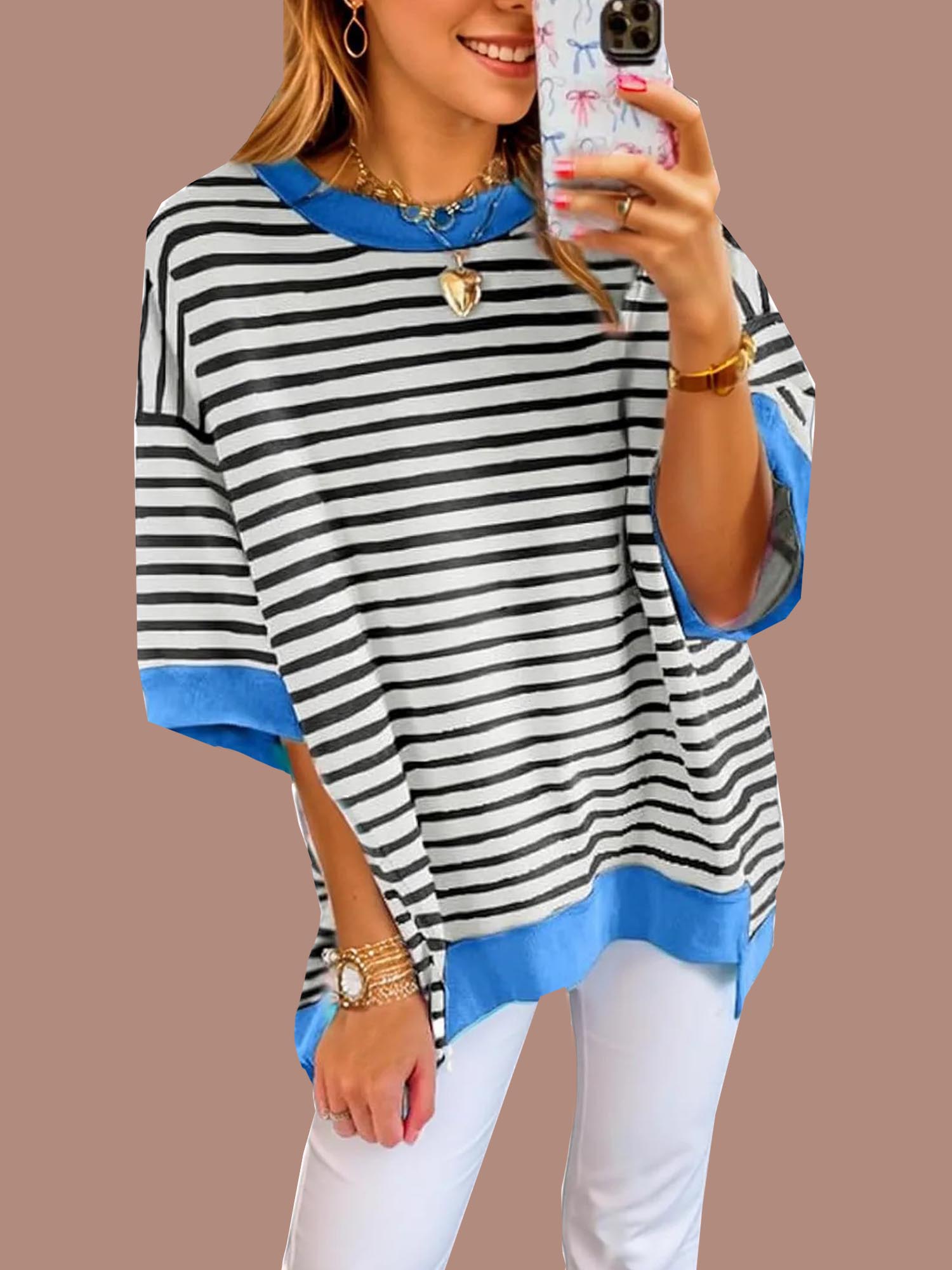 Women's Oversized Striped Color Block Half Sleeve Tops (Buy 2 Free Shipping)