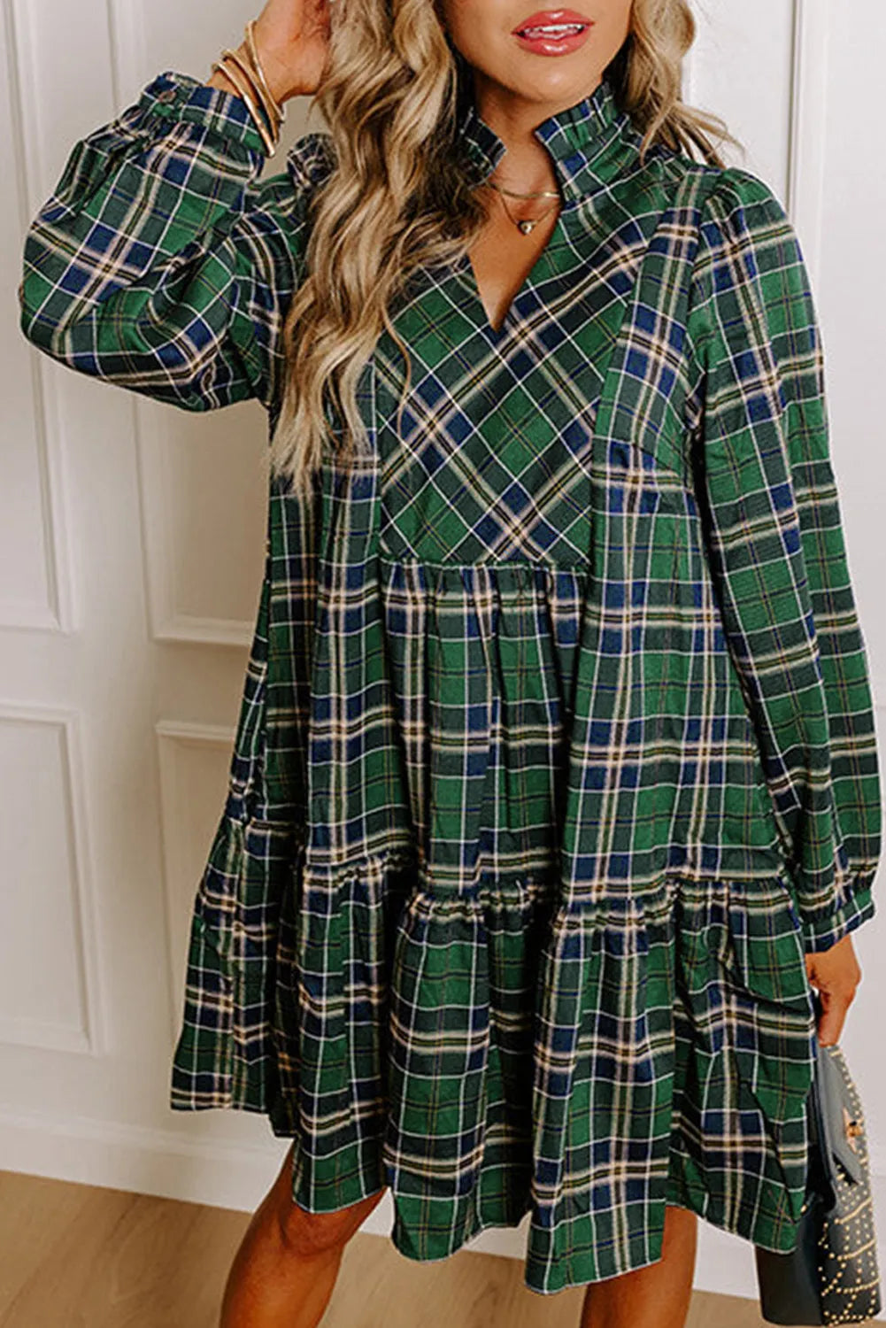 Women's Plaid Print Frilly Collar Long Sleeve Mini Dress (Buy 2 Free Shipping)