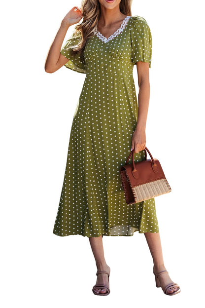 Women's Polka Dot Lacy Neckline Smocked High Waist Maxi Dress