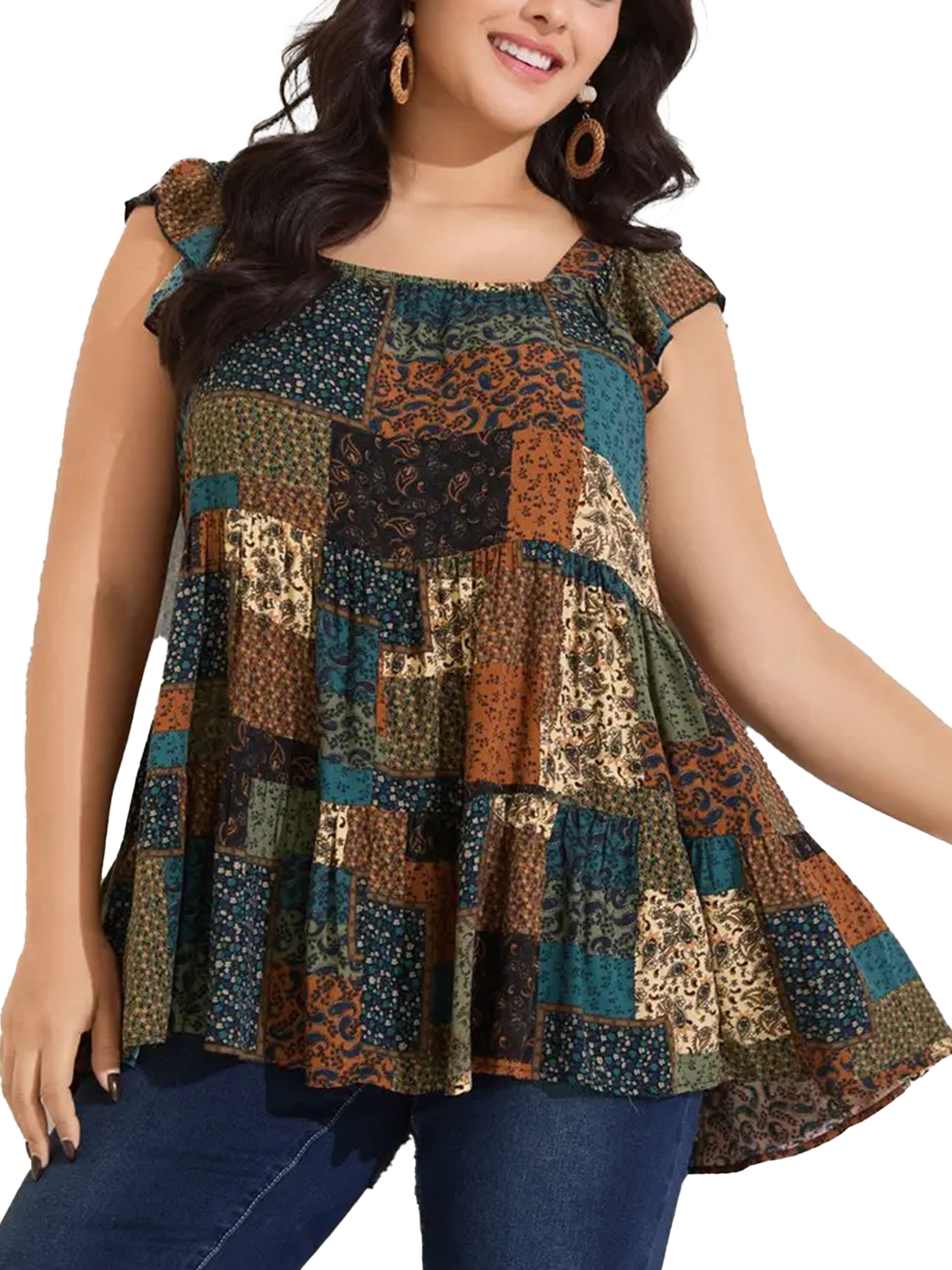 Women Plus Size Square Neck Sleeveless Floral Plaid Patchwork Boho Tunic Tank Top