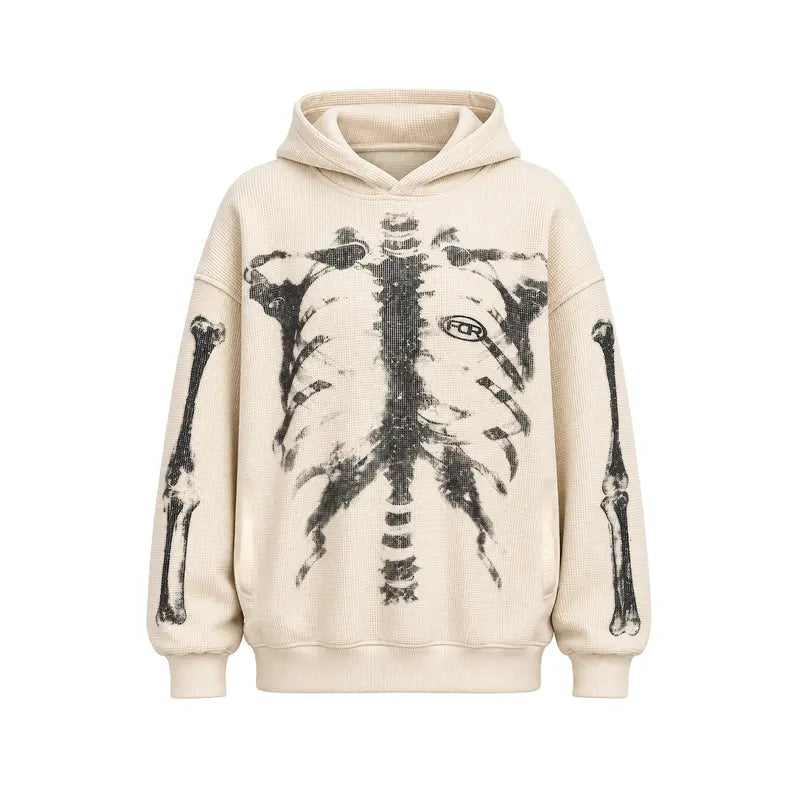 Skull Print Waffle Long Sleeve Top, Y2K Vintage Loose Streetwear Pullover