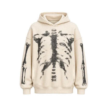 Skull Print Waffle Long Sleeve Top, Y2K Vintage Loose Streetwear Pullover