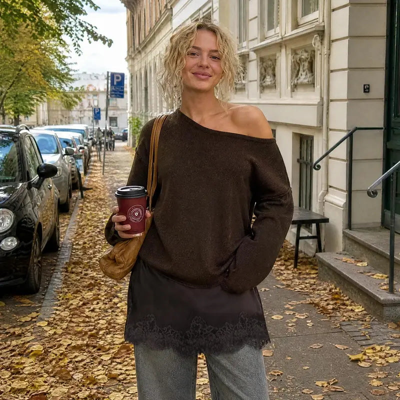 Women's one-shoulder lace-trimmed long-sleeved knit top