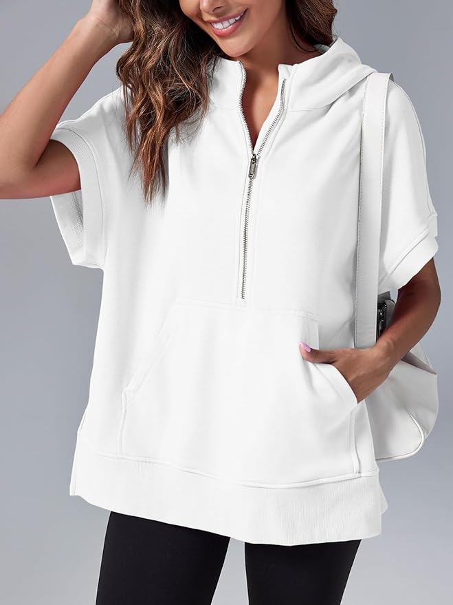 2026 Women's Oversized Casual Half Zip Short Sleeve Pullover Tops with Pockets