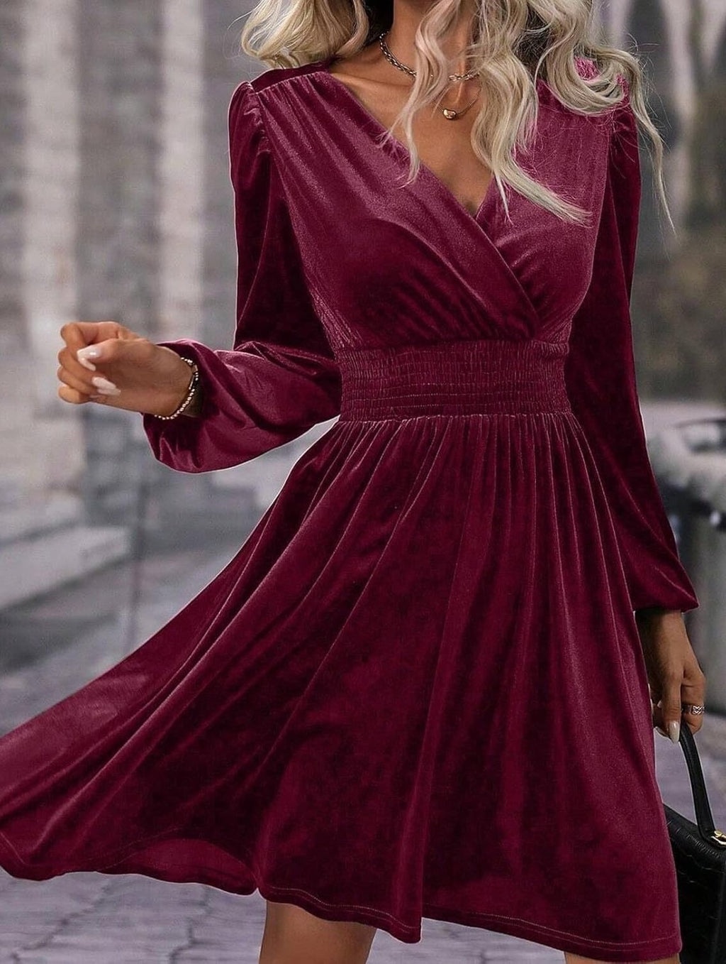 Women's Elegant V Neck Long Sleeves Velvet Dress (Buy 2 Free Shipping)