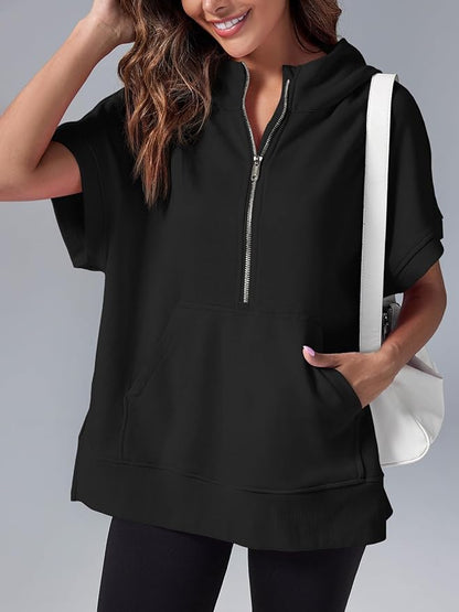 2026 Women's Oversized Casual Half Zip Short Sleeve Pullover Tops with Pockets