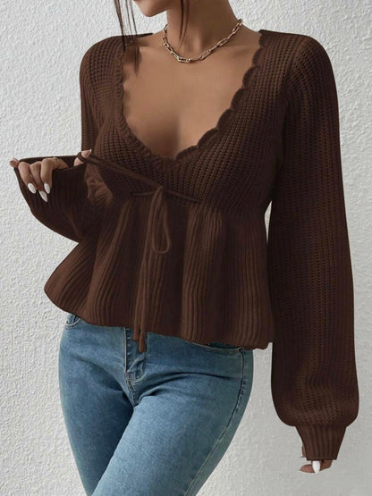 Women's Deep V-Neck Drawstring Tie Front Knit Crop Top, Scallop Trim Bishop Long Sleeve Peplum Sweater
