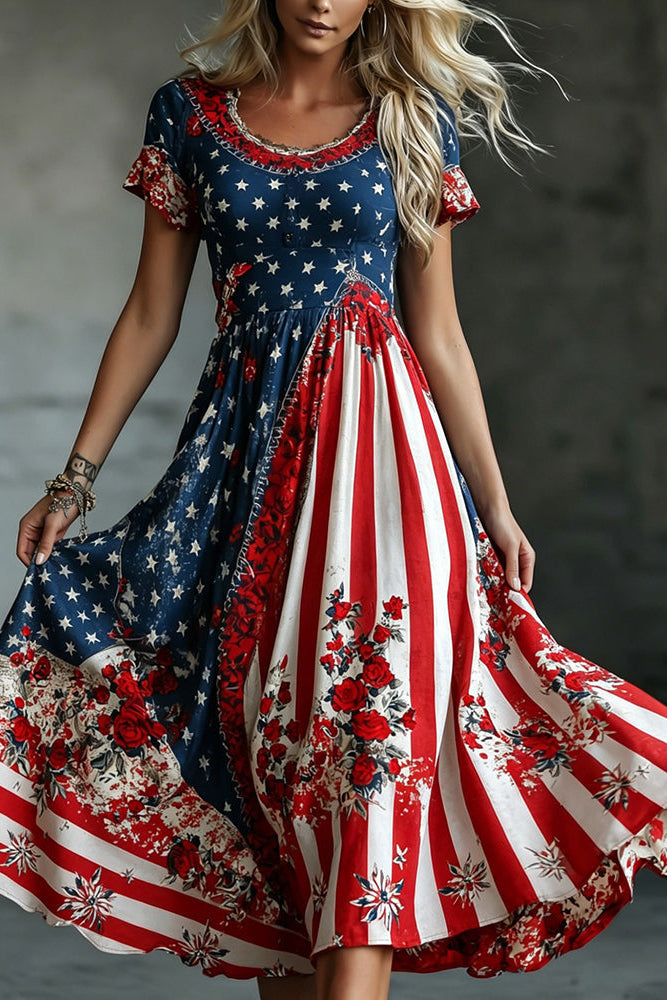 Women's Vintage Independence Day Rose Pattern Casual Crew-neck Dress