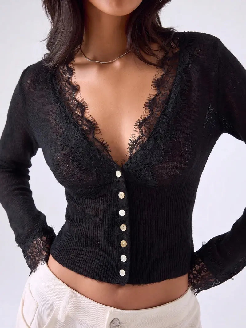 Women's Autumn Lace Trim V-Neck Knit Cardigan🔥