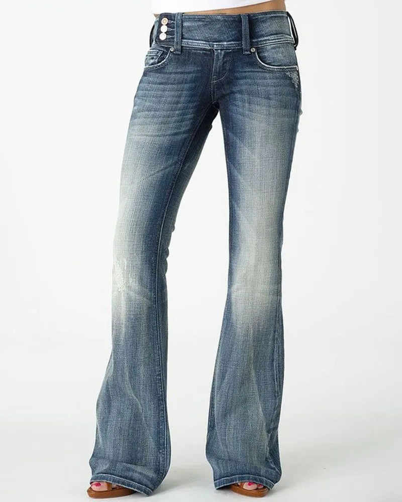 VINTAGE BUTTON SIDE DESIGN MID WAIST STRETCH FLARE JEANS(Buy 2 Free Shipping)