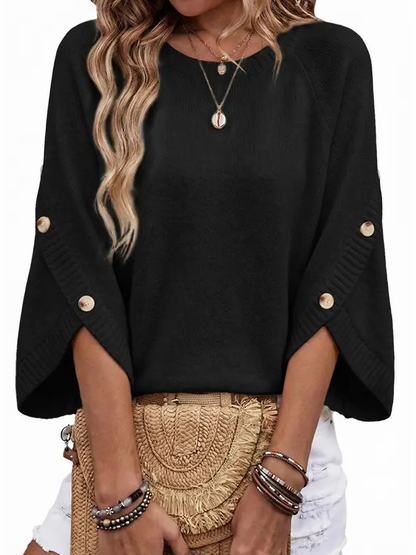 Women Crew Neck Split Button 3/4 Sleeve Oversized Knit Pullover