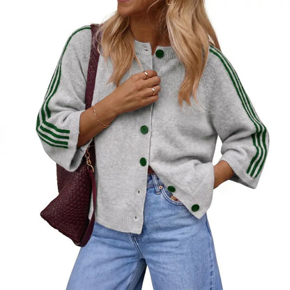 Women's Striped Three-Quarter Sleeve Button-Up Knit Cardigan