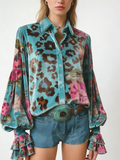 Leopard Floral Print Button Up Velvet Top