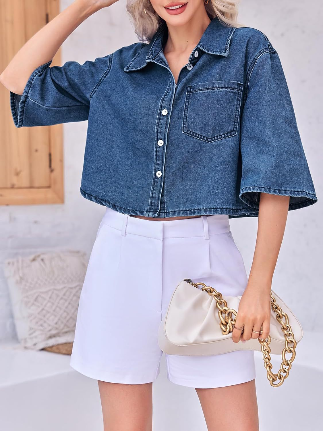 Women's Cropped Oversized Short Sleeve Denim Shirt
