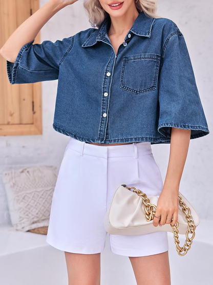 Women's Cropped Oversized Short Sleeve Denim Shirt