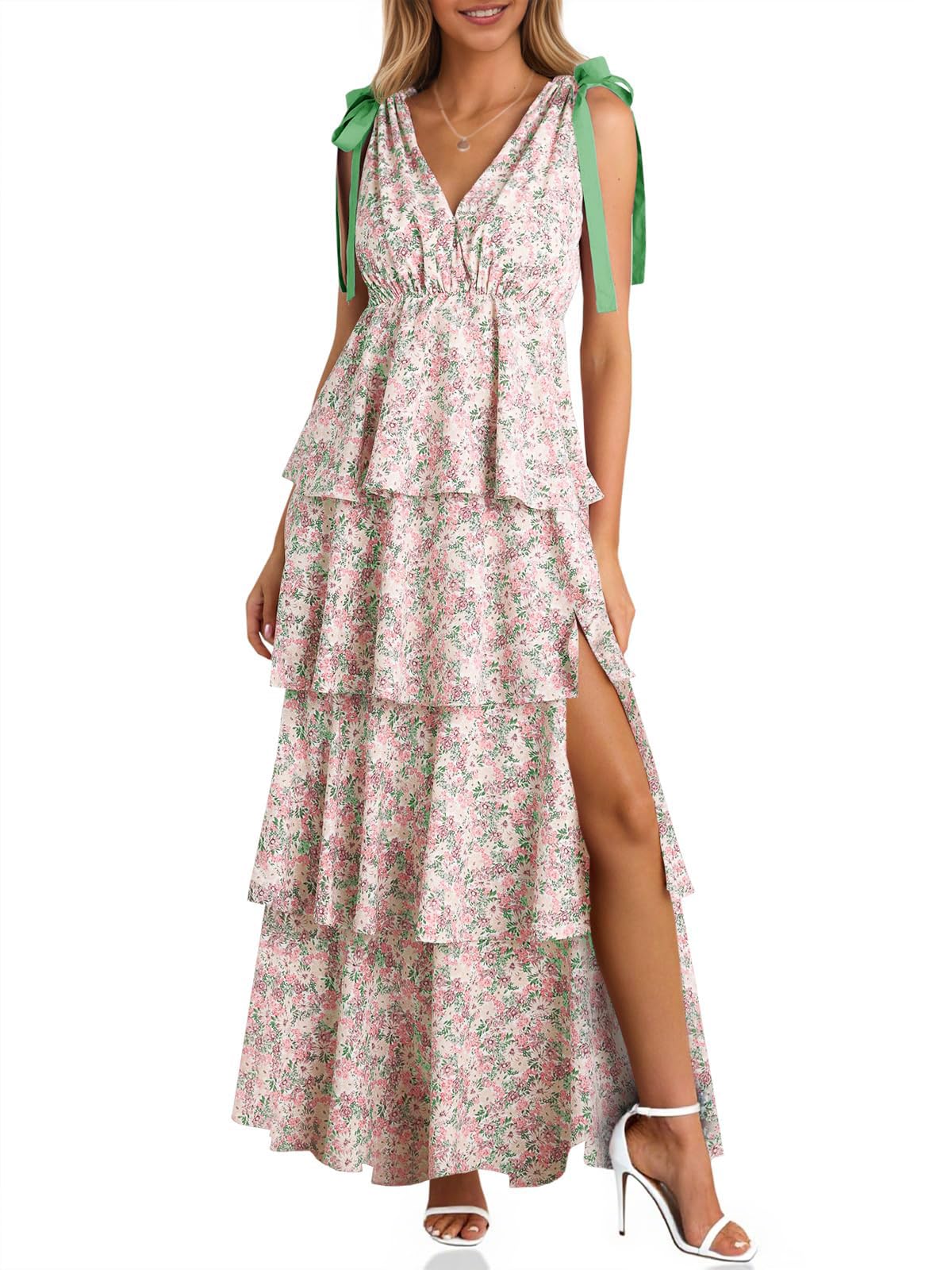 🔥Hot Sale--Women's Boho Floral Tie Strap V Neck Ruffle Tiered Maxi Dress