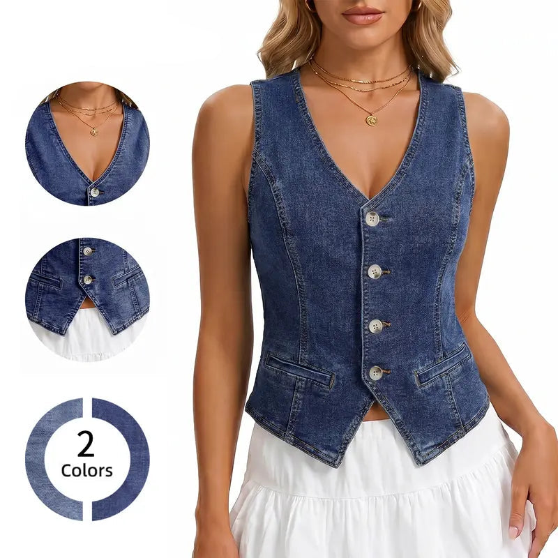 Women's V-Neck Sleeveless Cropped Denim Vest, Button Front Slim Fit Waistcoat, Vintage Western Cowboy Style Tank Top