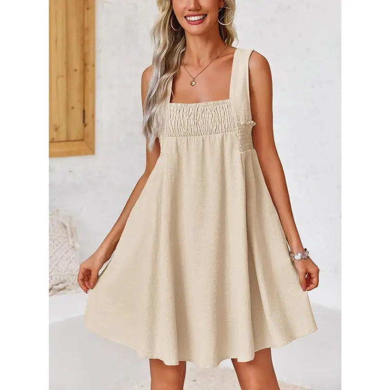 Smocked Square Neck Sleeveless Mini Dress