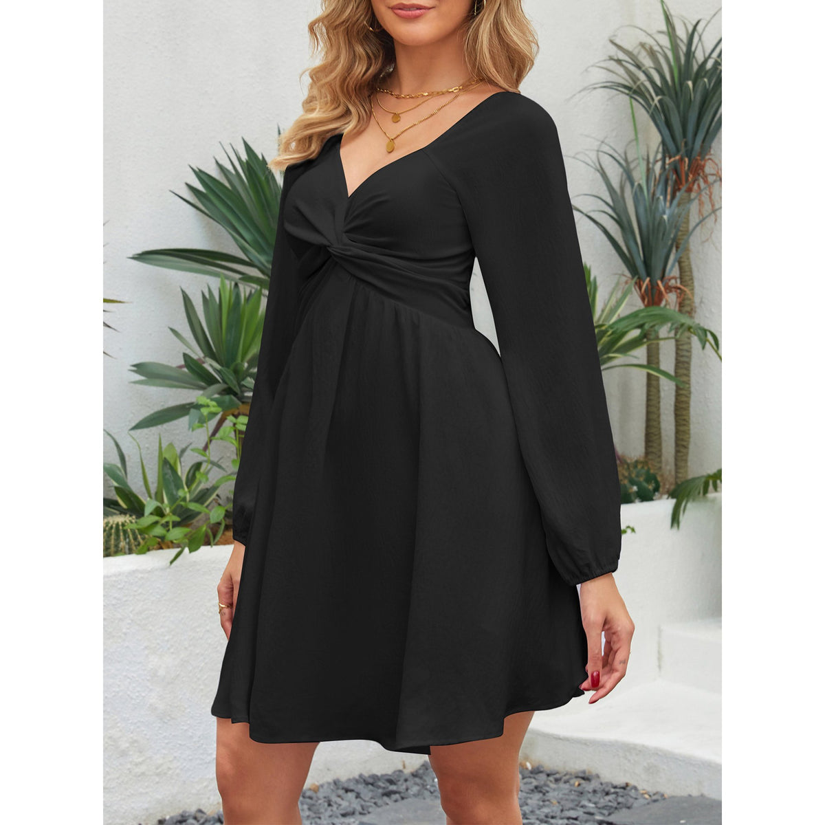 Sweetheart Neck Twist Front Lantern Sleeve A-line Mini Dress