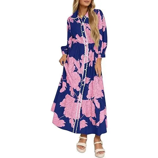 Women’s Maxi Shirt Dress Casual Floral Collared 3/4 Long Sleeve Drawstring Waist Fall Button Down Dresses