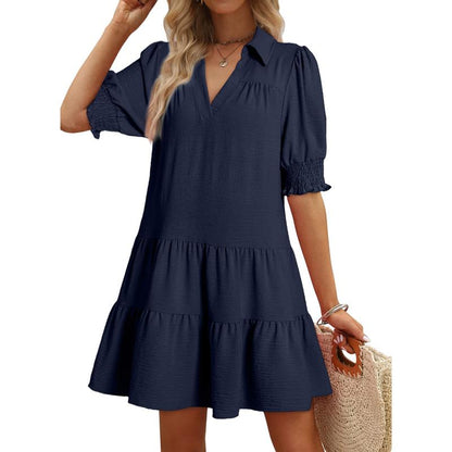 Women's Layered V-Neck Dress with Lapels and Puff Sleeves（BUY 2 FREE SHIPPING)