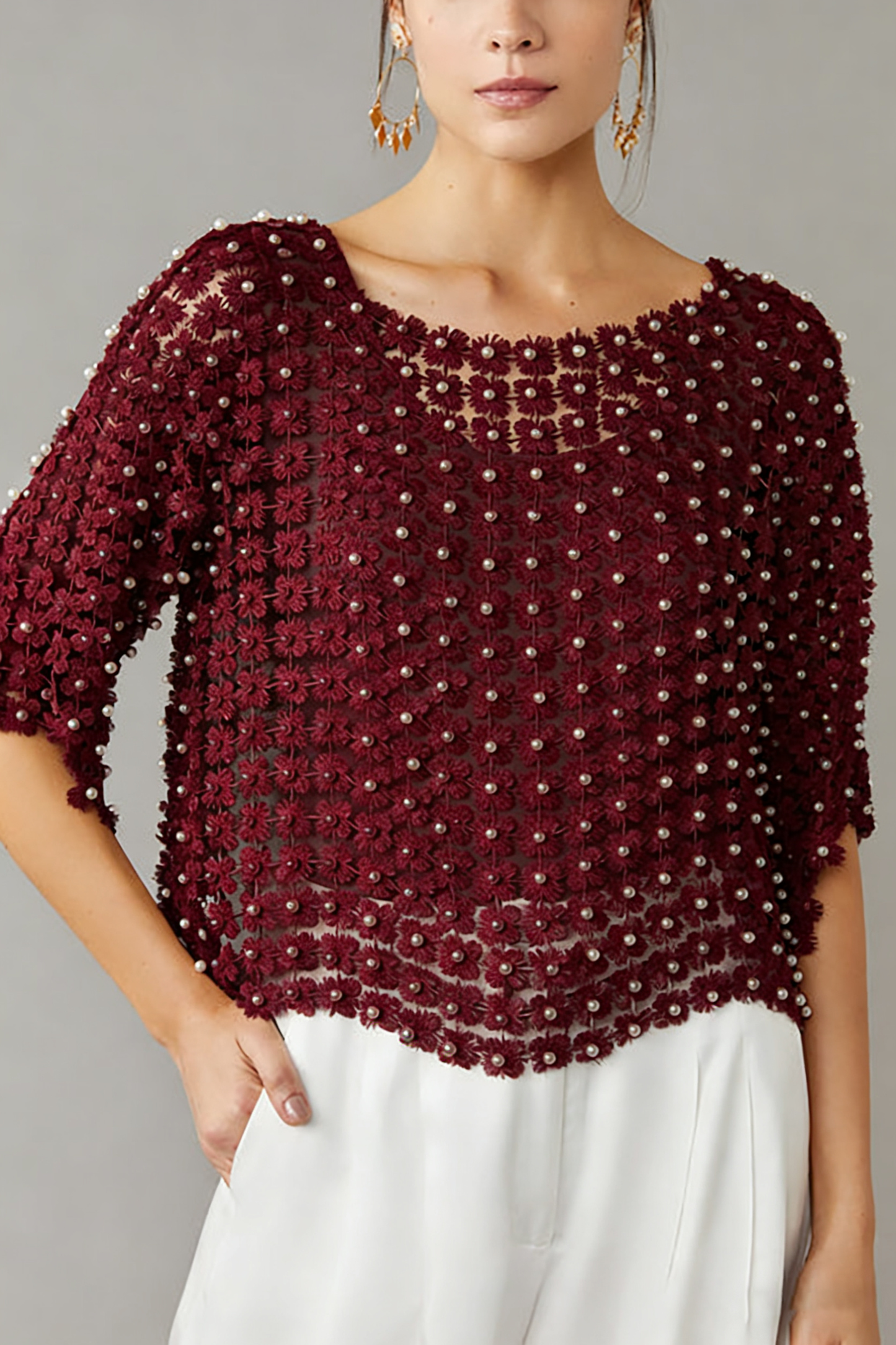 Pearl Detail Crochet Top(BUY 2 FREE SHIPPING)