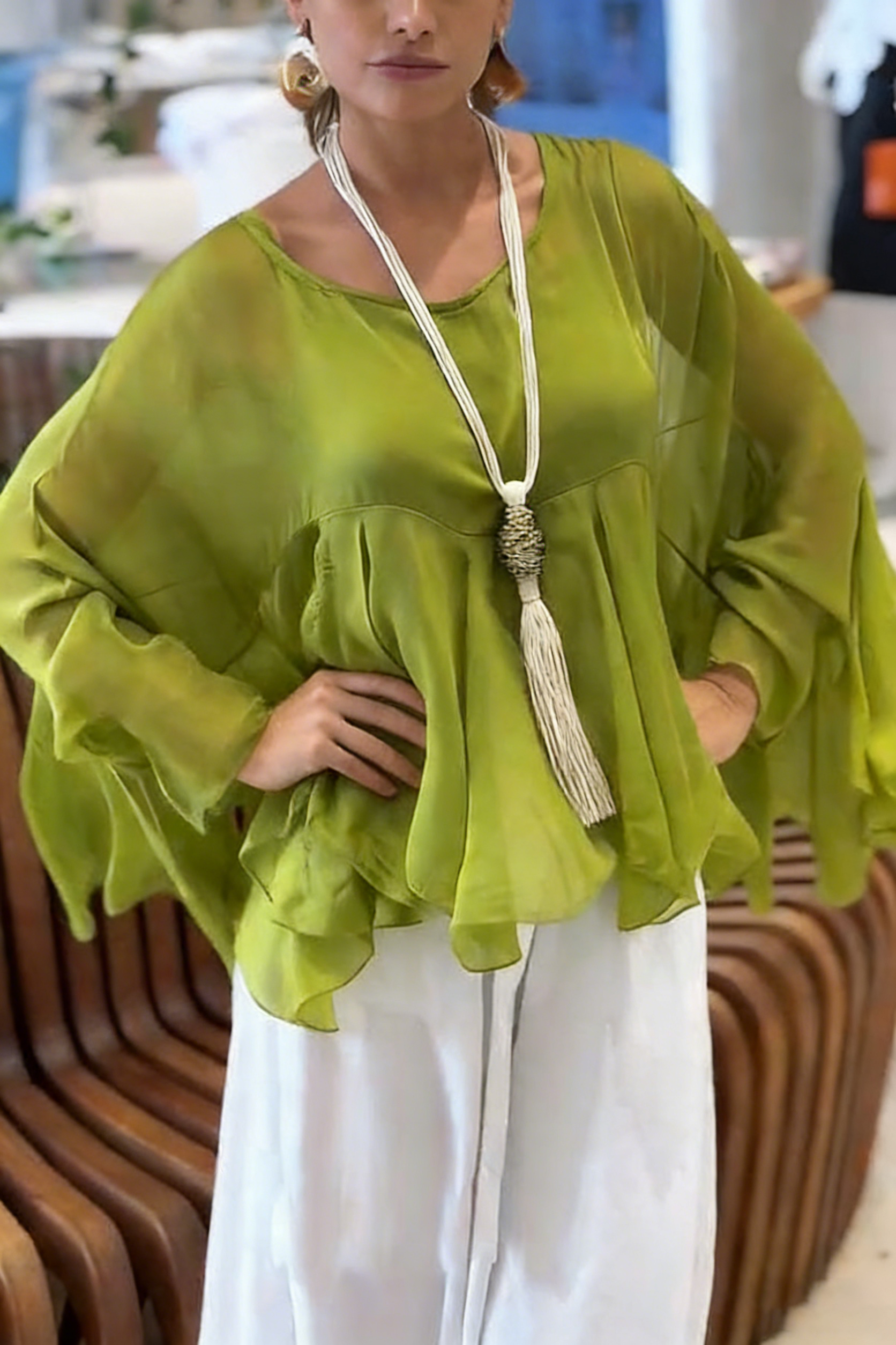 Romantic Journey Chiffon Ruffle Batwing Sleeve Top and Elastic Waist Pocket Loose Pants