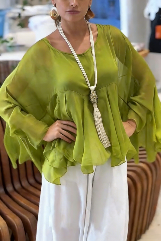 Romantic Journey Chiffon Ruffle Batwing Sleeve Top and Elastic Waist Pocket Loose Pants