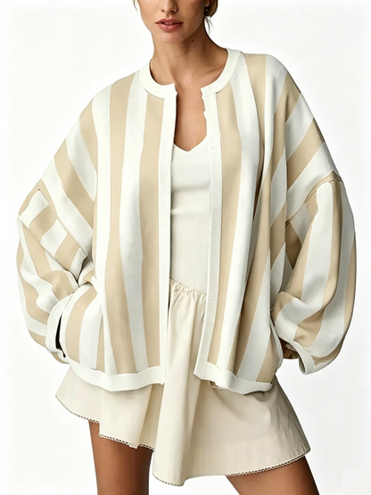 Women Striped Knit Cardigan Oversized Open Front Balloon Long Sleeve Sweater