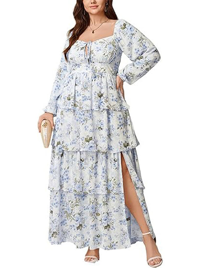 Women's Floral Ruffle Long Sleeves Layered Maxi Dress