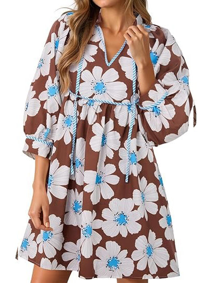 Women's Vibrant Floral Print Tied Waist Dress with Pockets