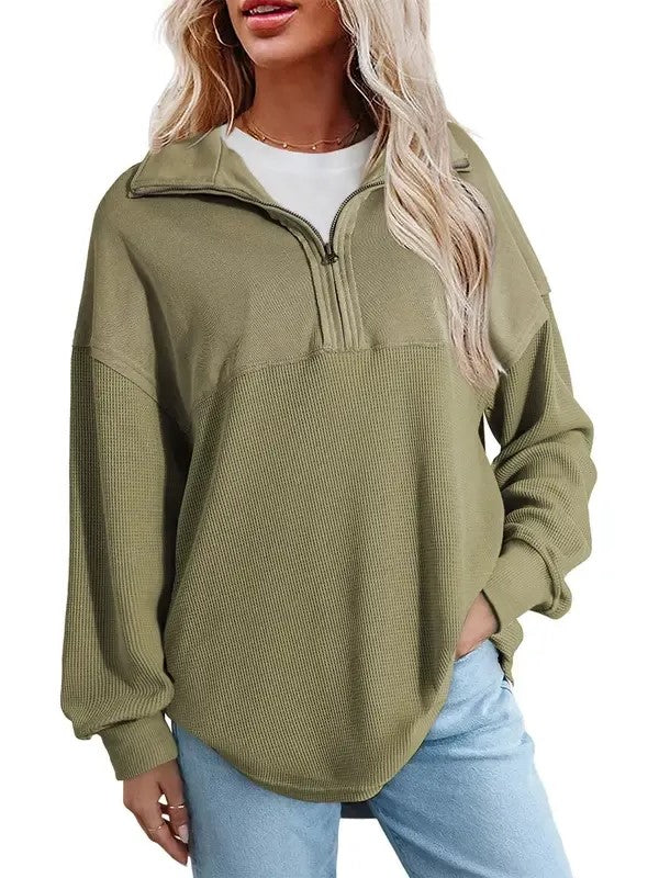 Women's Half Zip Waffle Knit Pullover Top