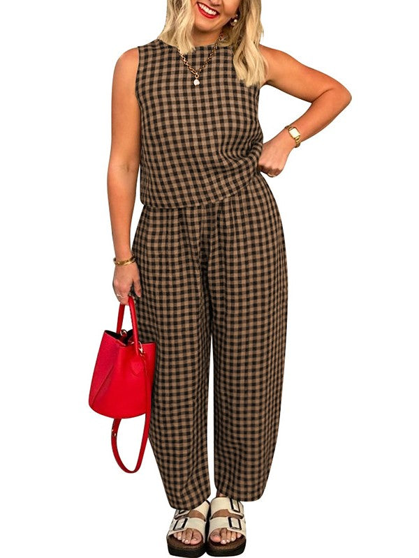 HOT SALE Women's Gingham Sleeveless Tank Top & Barrel Pants Set