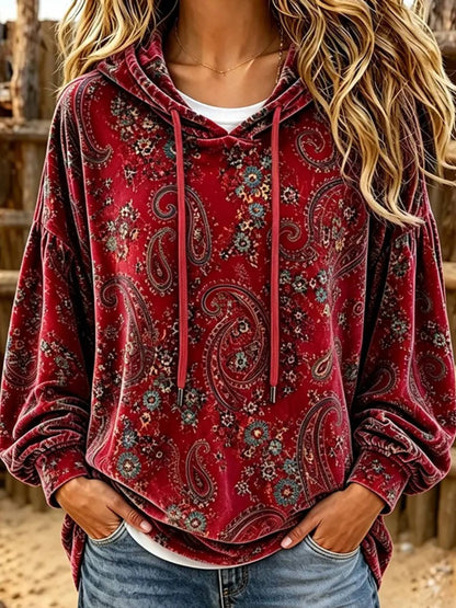 Hot Sale-Women Vintage Paisley Print Velvet Hoodie Top