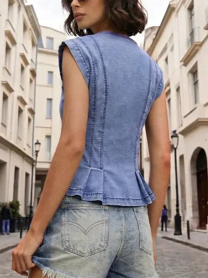 Women's V Neck Fitted Pleated Denim Vest