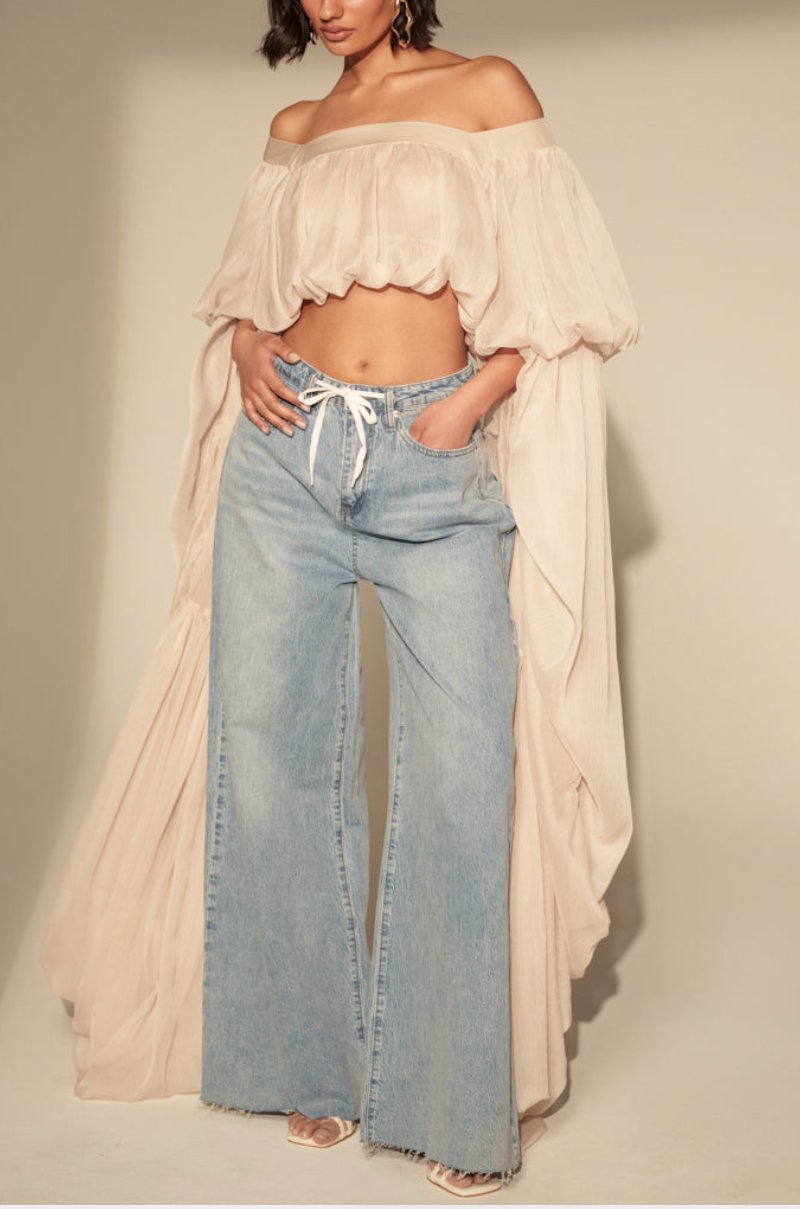 Women's loose square neck long-sleeved chiffon blouse