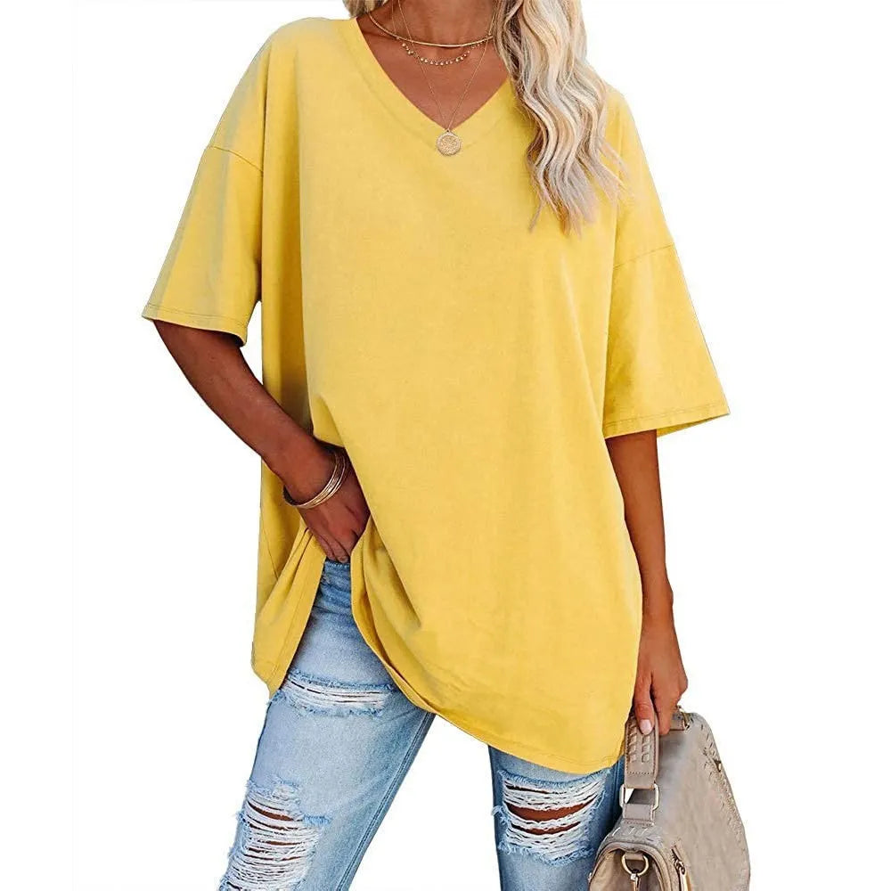HOT SALE-WOMENS LOOSE FASHION V-NECK TOP SHORT & LONG OPTION