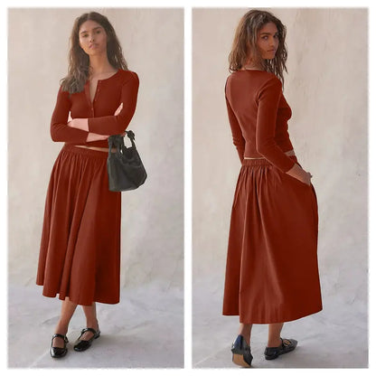 2 Piece Ribbed Cardigan & Wide Leg Skirt Set
